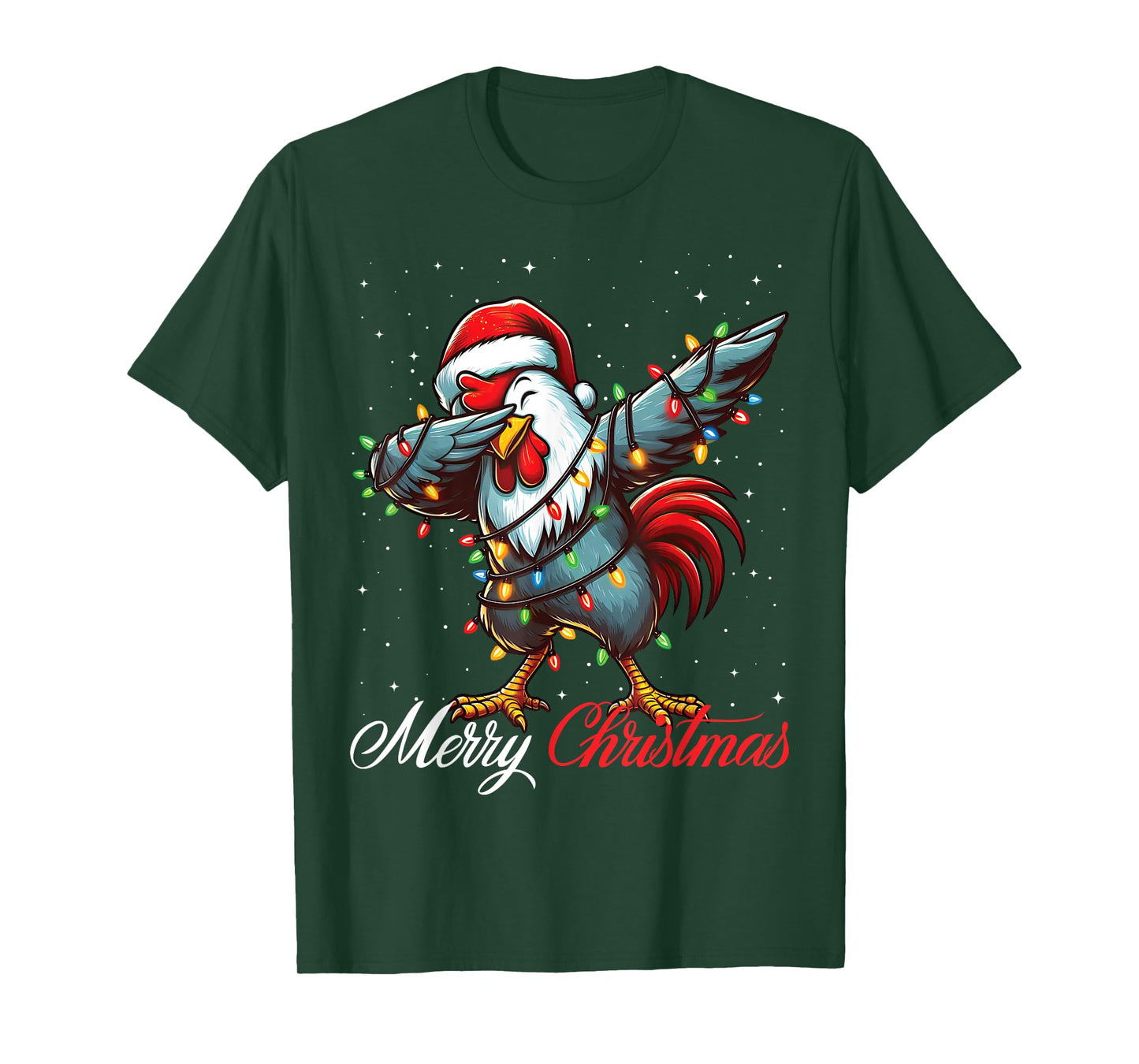 Dabbing Rooster Merry Christmas Lights Santa Hat Xmas Snow T-Shirt