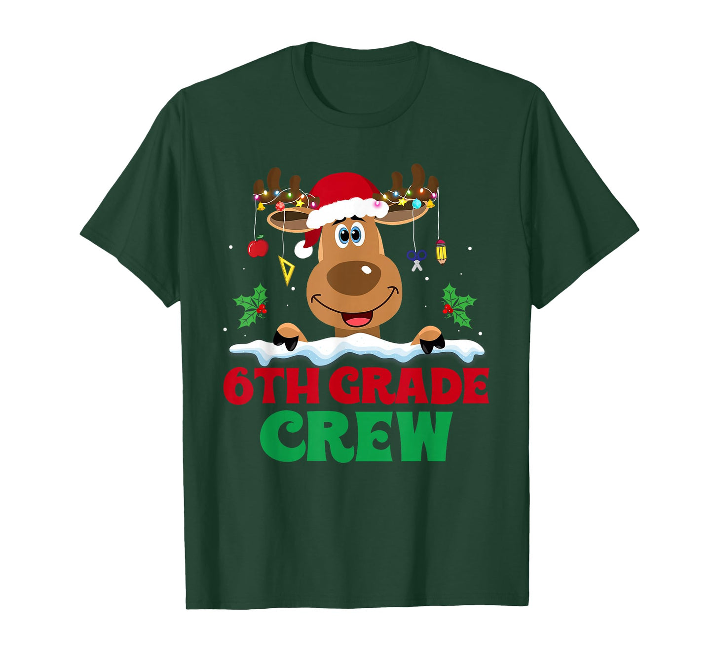 6th Grade Crew Reindeer Santa Hat Funny Christmas Teacher T-Shirt