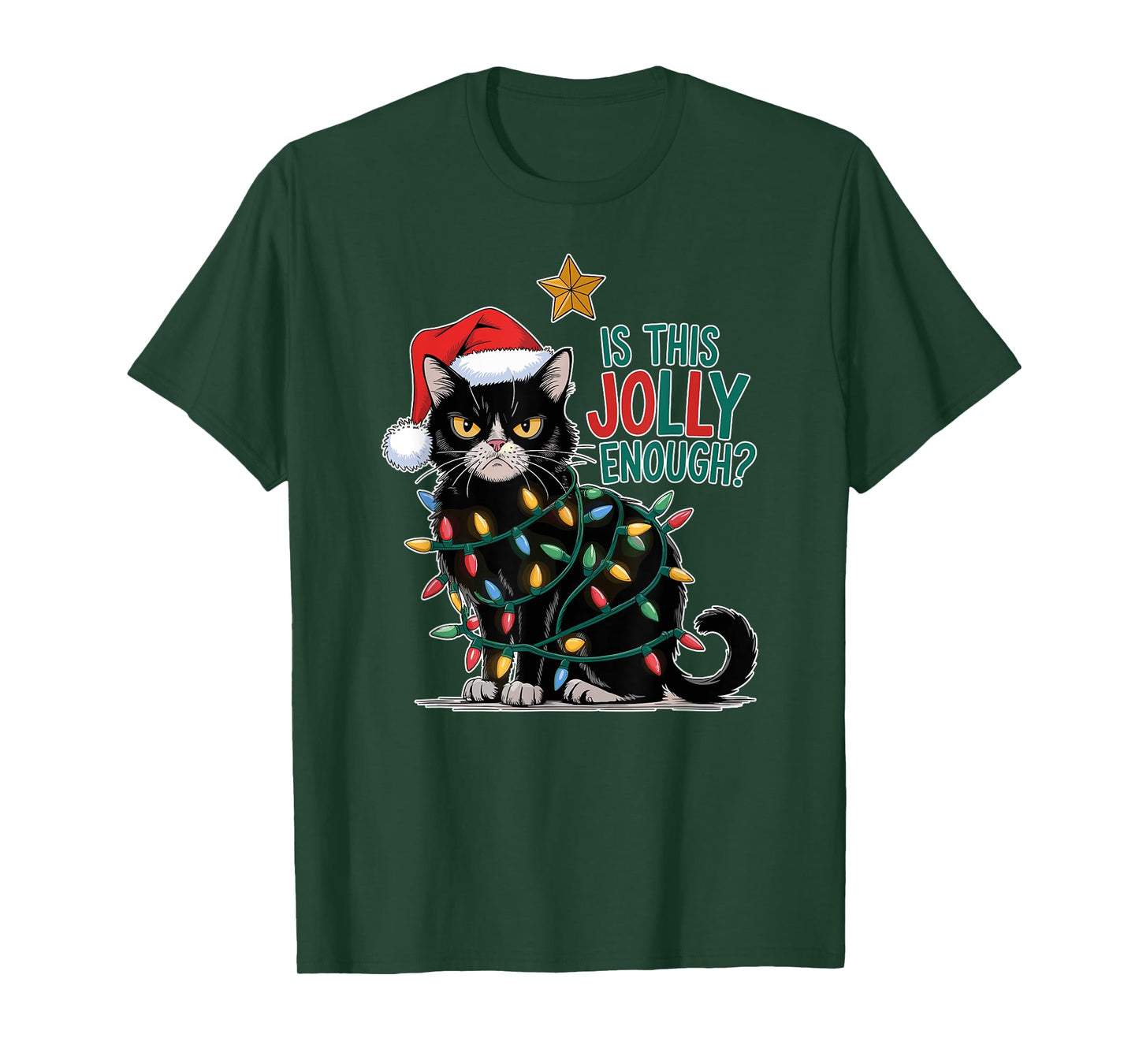 Is This Jolly Enough? Cat Merry Christmas Tree Lights funny T-Shirt