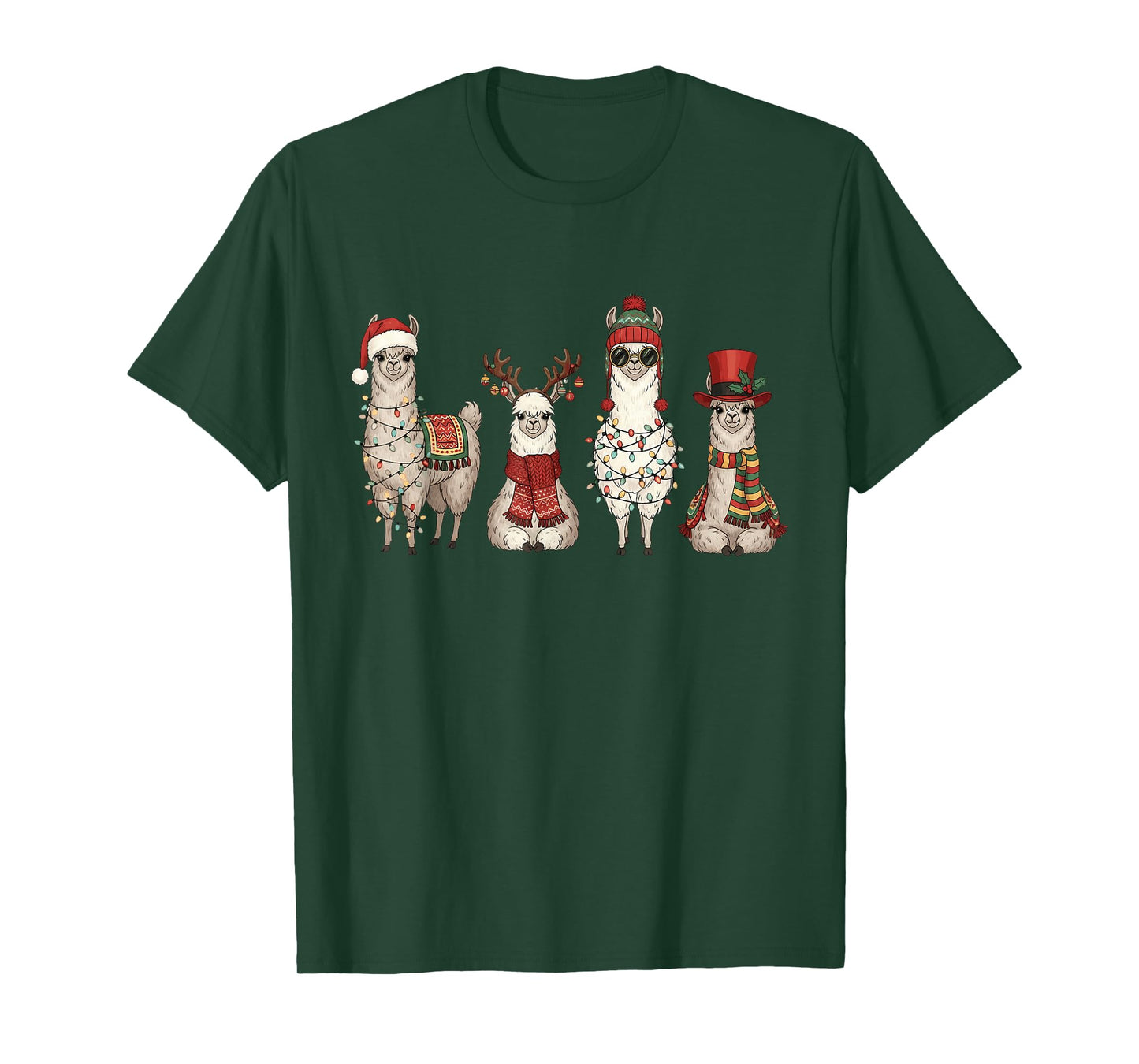 Christmas Llama Quartet Lights Santa Antlers Top Hat Scarf T-Shirt