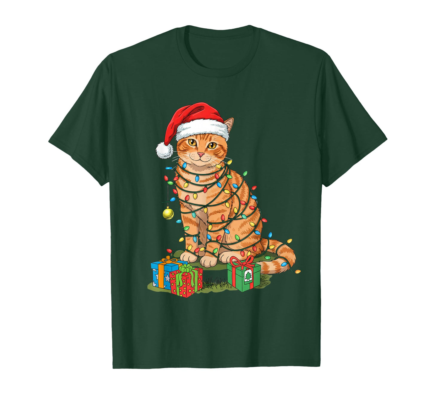 Cat Christmas Light Reindeer Santa Christmas Cat Lover T-Shirt