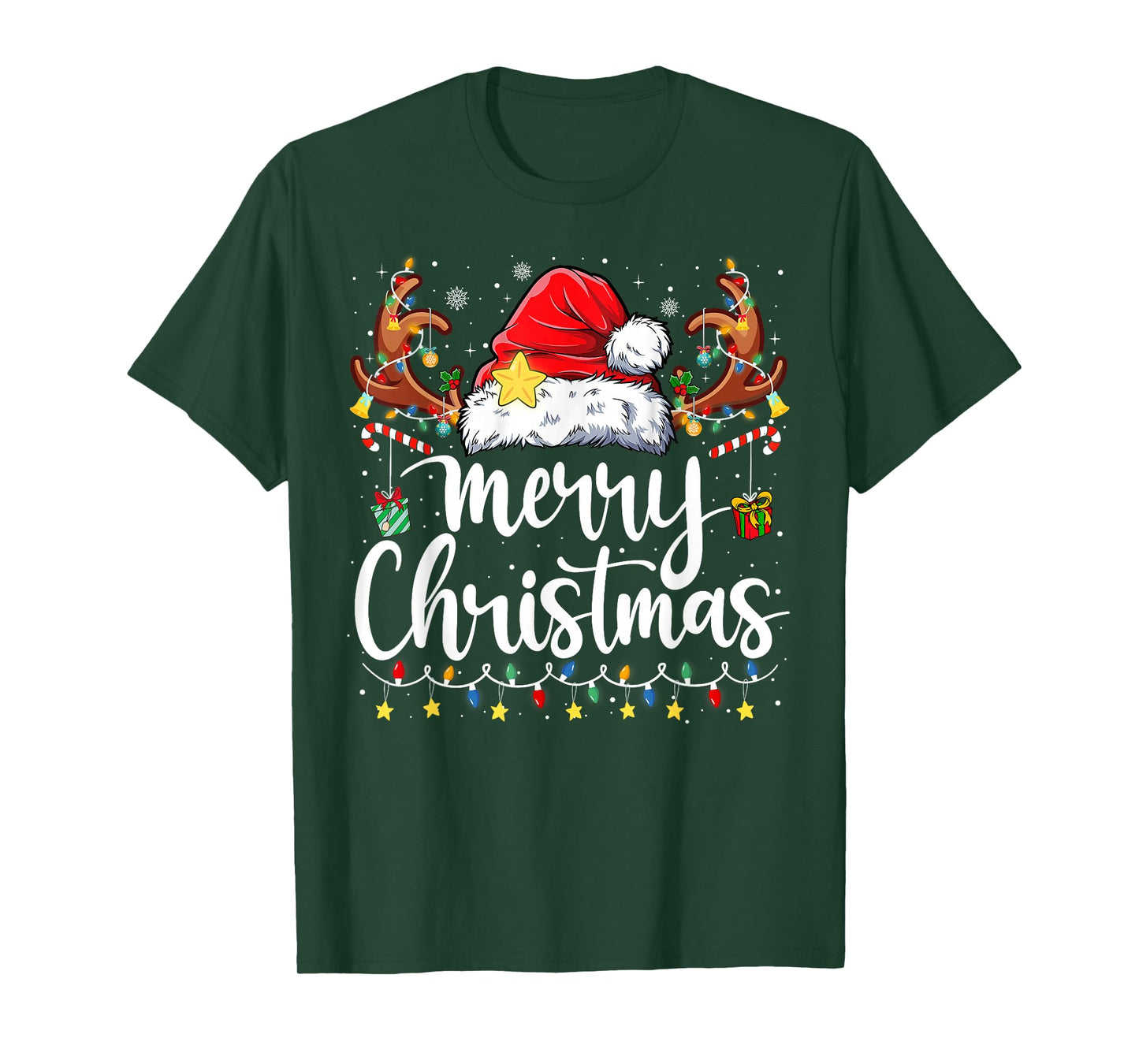 Merry Christmas Lights Red Santa Hat Xmas Family Men Women T-Shirt