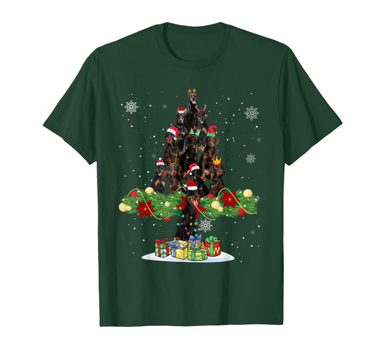 Ugly Sweater Christmas Tree Doberman Dog Xmas Lights T-Shirt