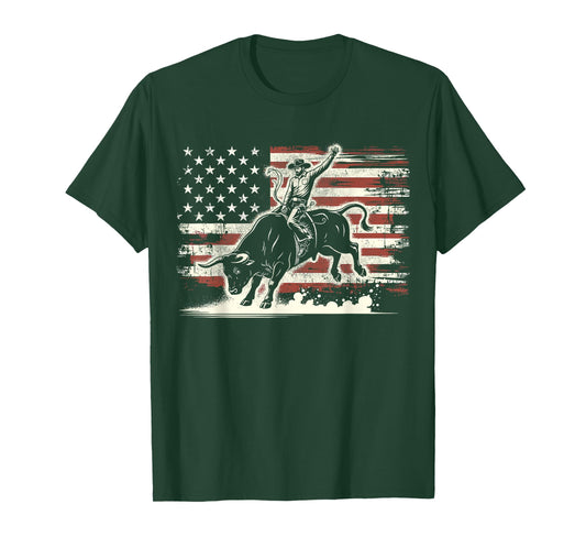 Rodeo Rider Bull Patriotic Cowboy USA Flag T-Shirt
