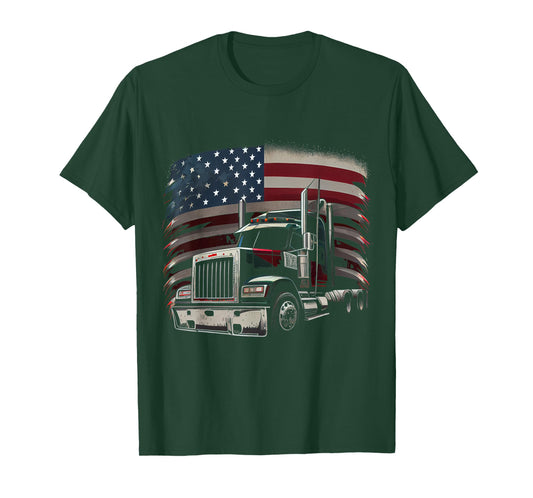 US American Flag Truck Driver 18 Wheeler Trucker Gift T-Shirt