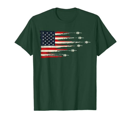 Patriotic Red White Blue USA Flag Fighter Jets 4th of July T-Shirt