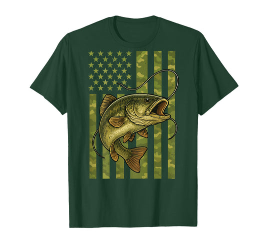 Fishing Camo Catfish American Flag Boy Youth Men Camouflage T-Shirt
