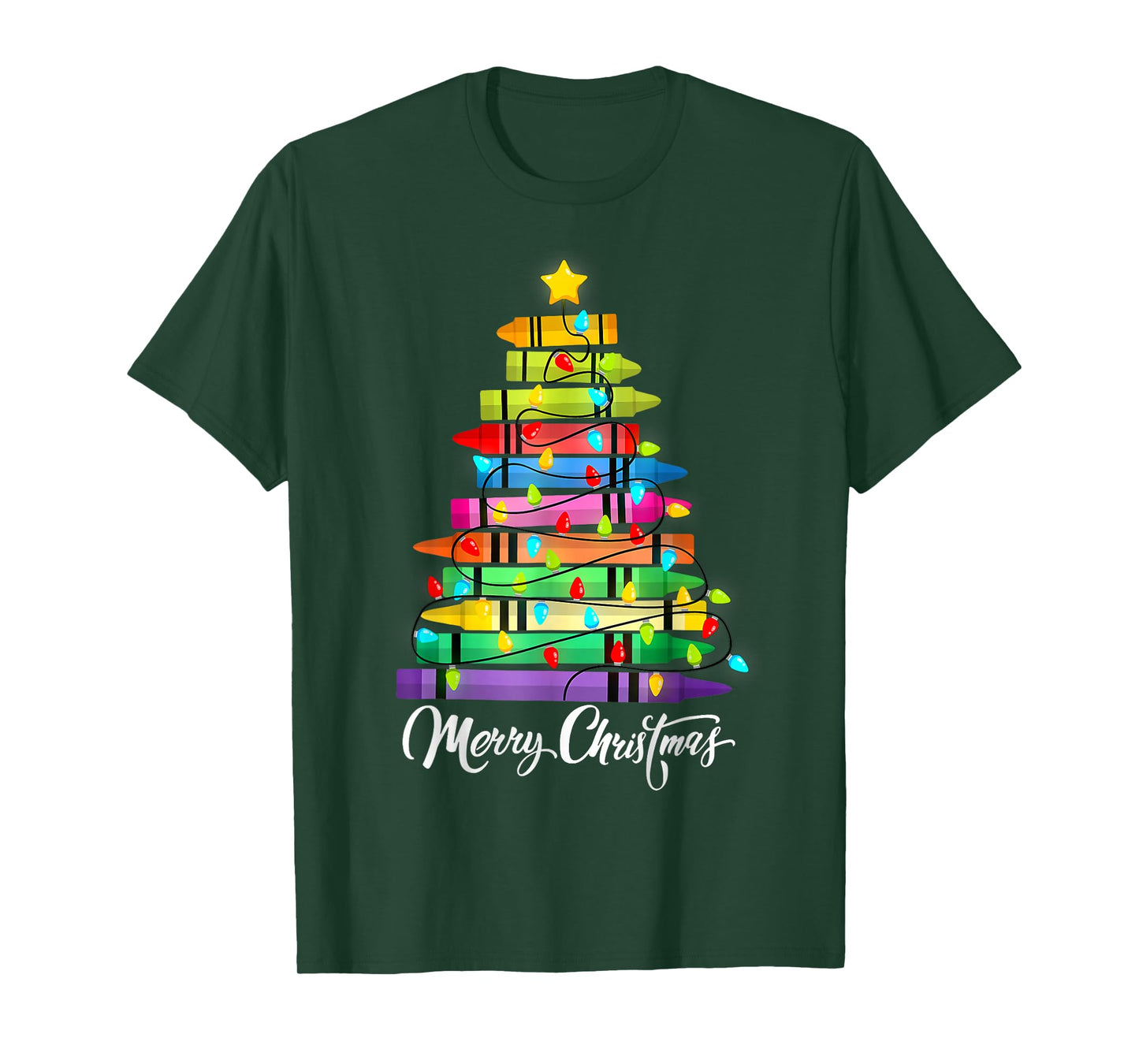 Teacher Crayon Merry Christmas Tree Lights School Xmas T-Shirt
