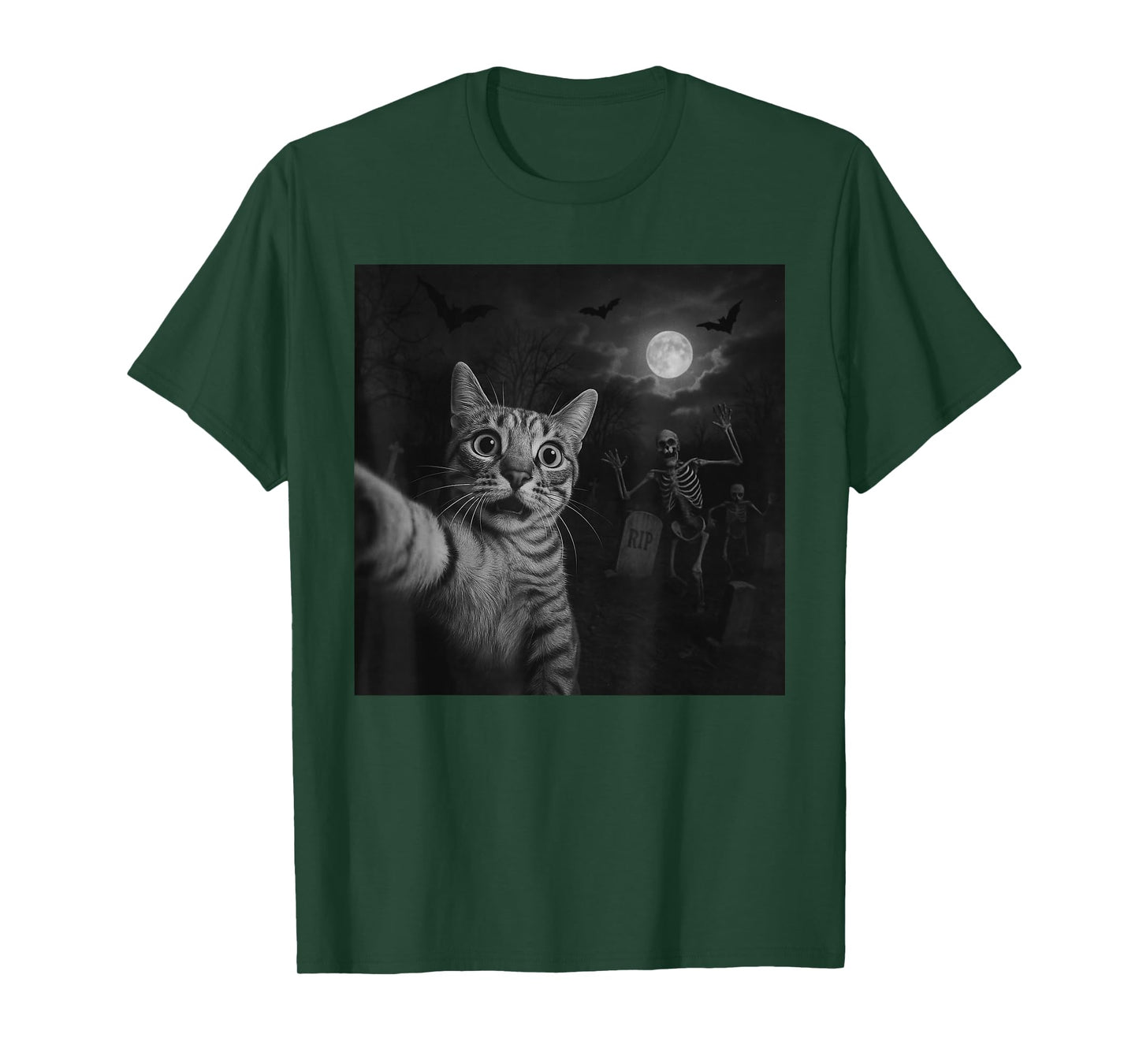 Funny Halloween Surprised Scared Cat Selfie Spooky Skeleton T-Shirt