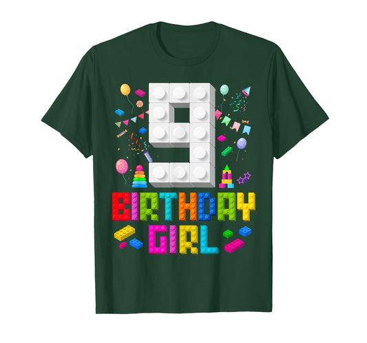 9th Birthday Girl Master Builder 9 Years Old Building Block T-Shirt