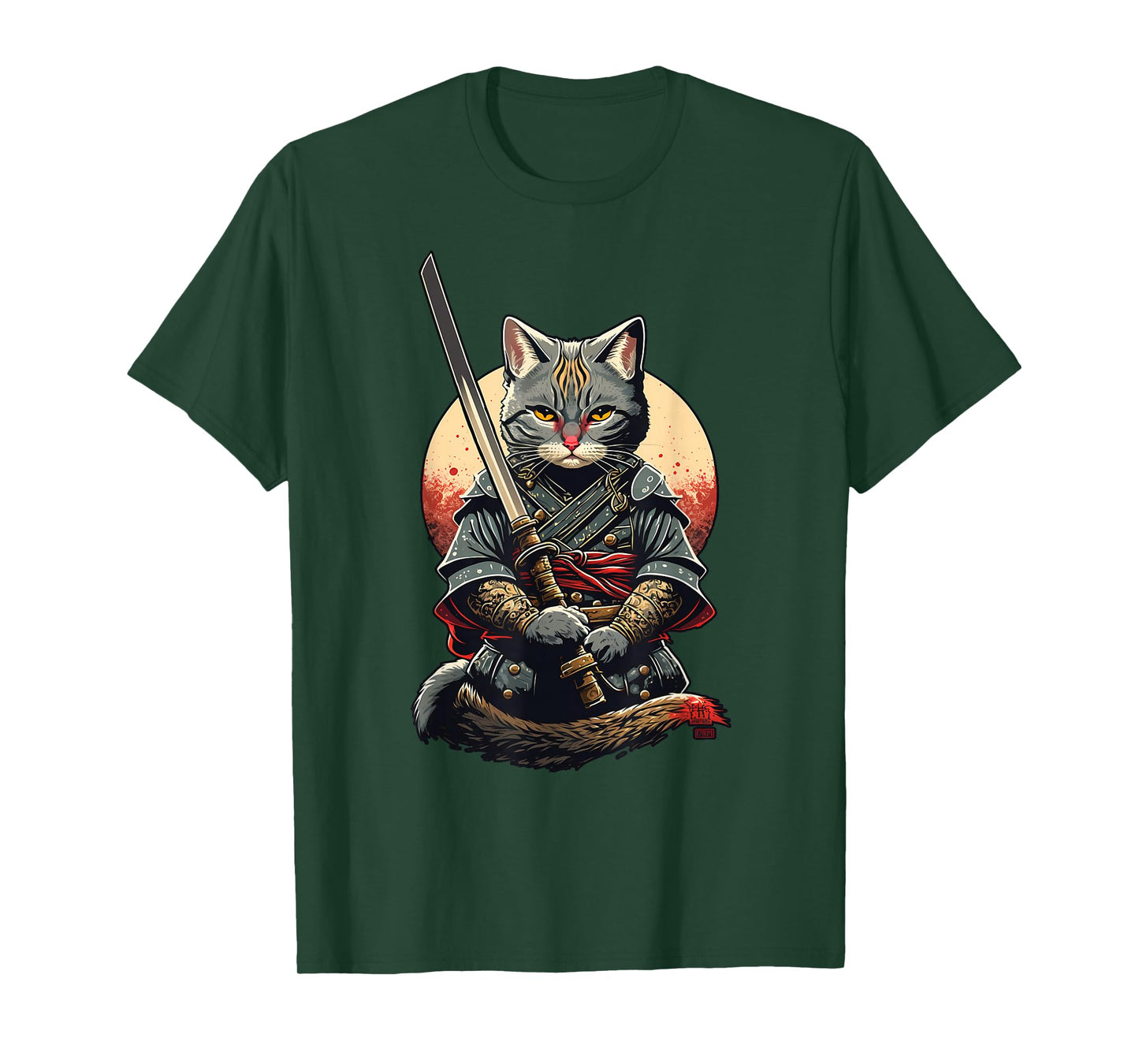 Retro Japanese Warrior Katana Ninja Cat, Samurai Kitten T-Shirt