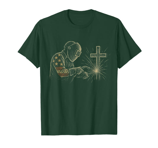 Welder American Flag Mig Tig Welding Faith Cross Christian T-Shirt