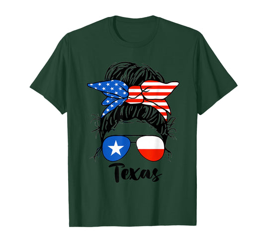 Texas State Flag Sunglasses Mom Messy Bun Hair Girl T-Shirt