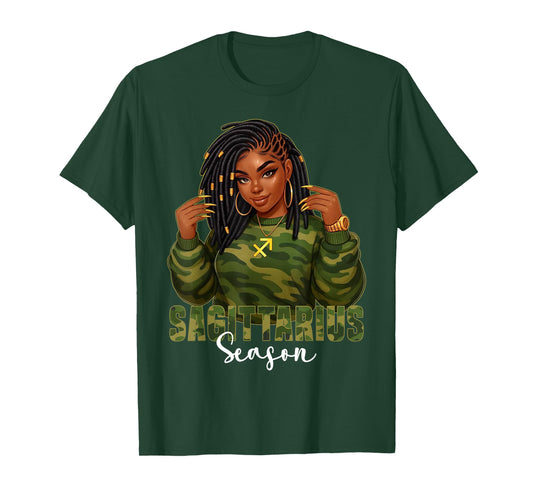 Sagittarius Season Loc'd Black Woman Camo Zodiac Sign T-Shirt