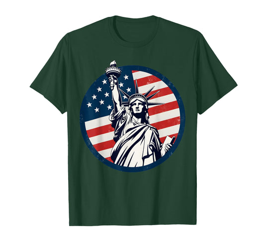 Statue of Liberty with American Flag - Fourth of July T-Shirt