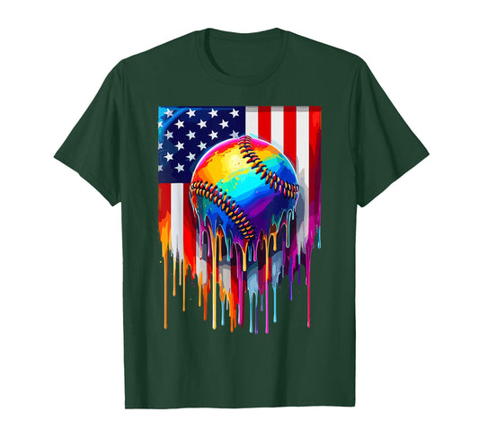 Drip Baseball Ice Cream Patriotic American Flag T-Shirt