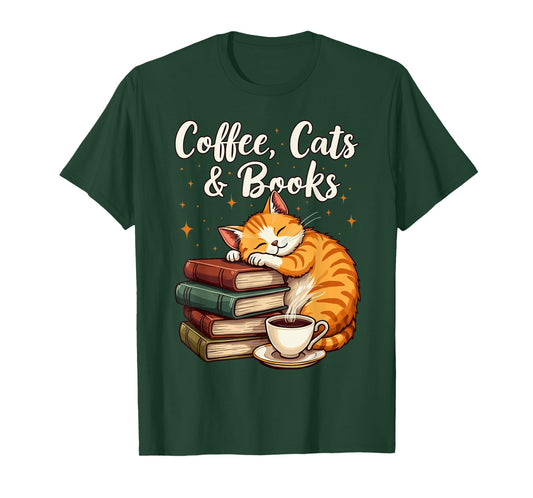 Coffee Cats & Books Lover, for Women & Girls, Funny Coffee T-Shirt