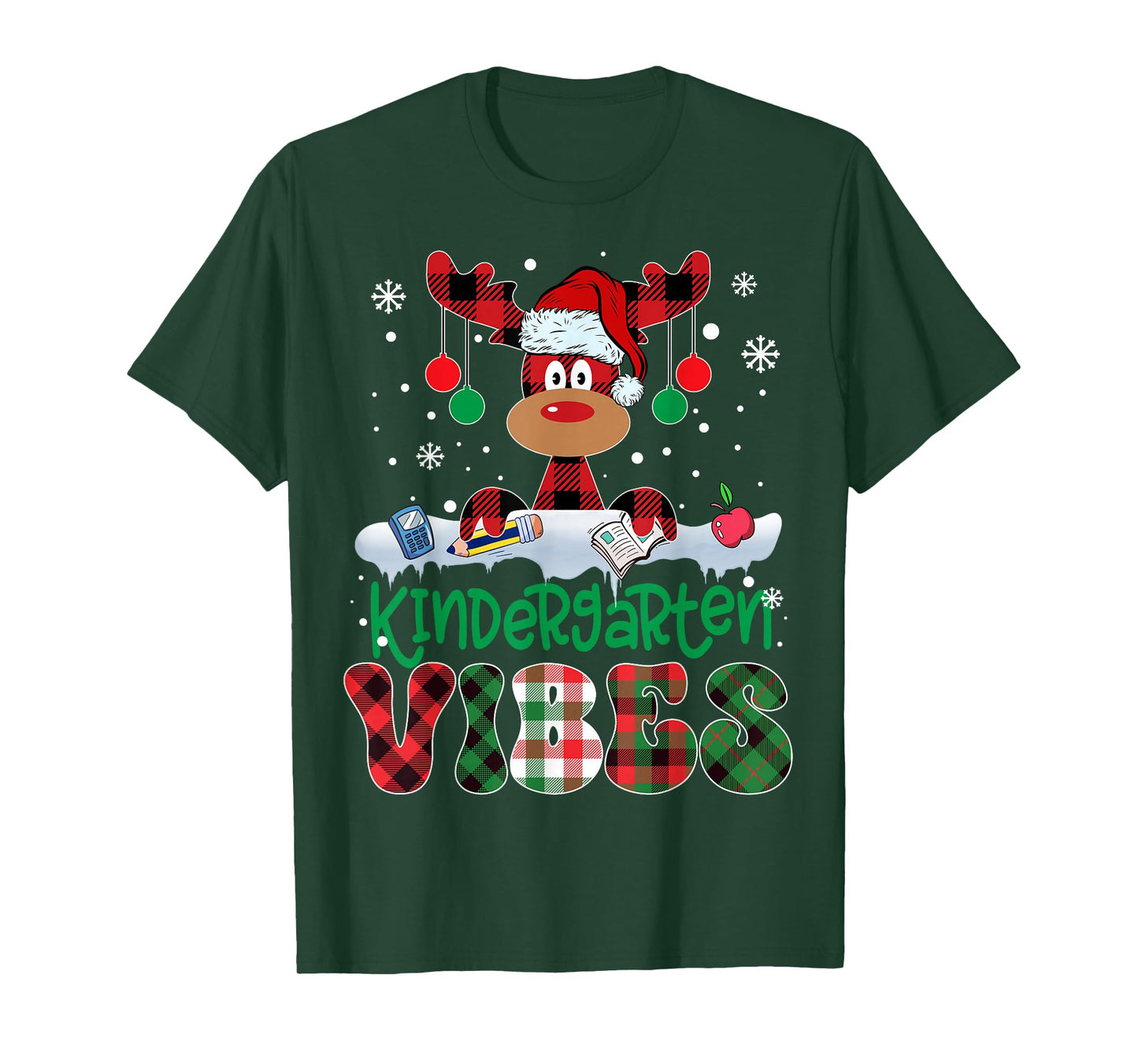 Kindergarten Vibes Teacher Buffalo Plaid Reindeer Christmas T-Shirt