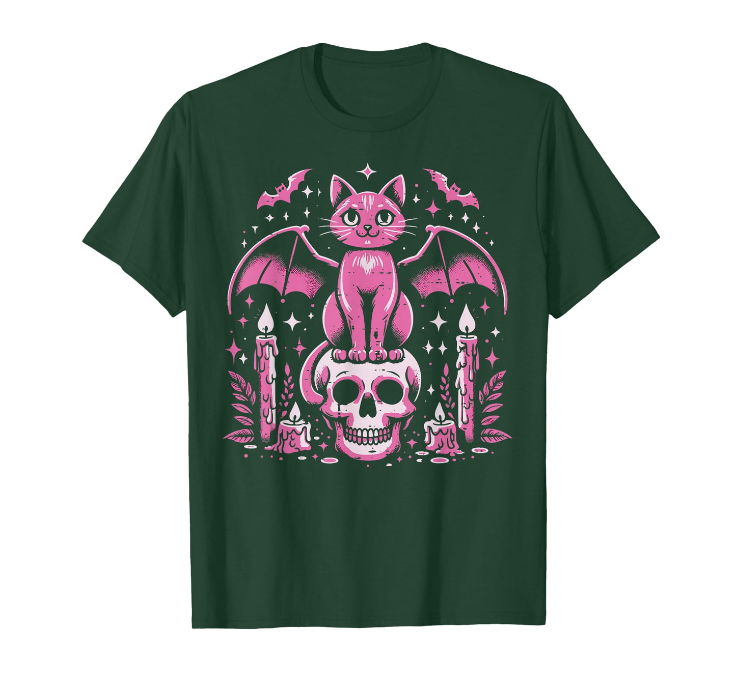 Cat Bat On Skull Halloween Costume Goth Women Girls Kids T-Shirt