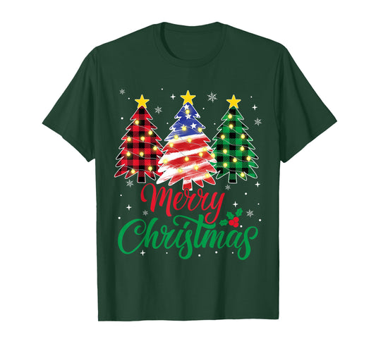 Merry Christmas Trees Red Plaid American Flag USA Xmas T-Shirt