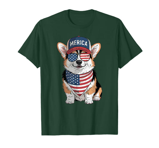 Tri Color Corgi 4th of July US American Flag Dog Patriotic T-Shirt