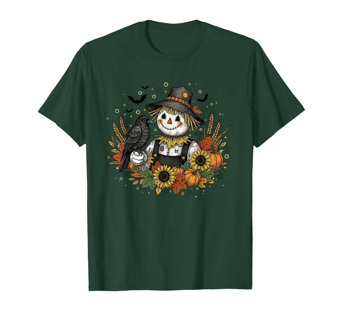Cute Autumn Scarecrow with Sunflowers and Crow Art T-Shirt