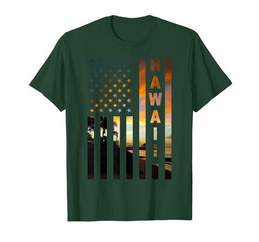 Hawaii Sunset American Flag Honolulu Hawaiian Island T-Shirt