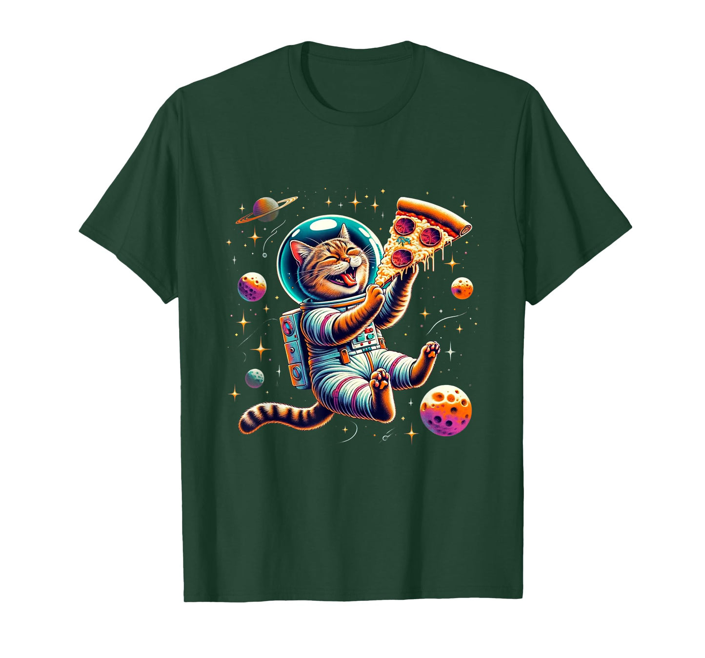 Funny Cat eating Pizza in space kitty Galaxy T-Shirt for Men Women Kids