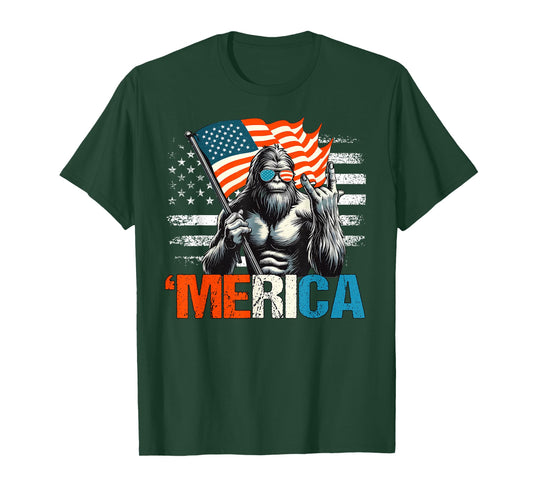 Bigfoot Merica Rock American Flag Patriotic Sasquatch 4th of T-Shirt