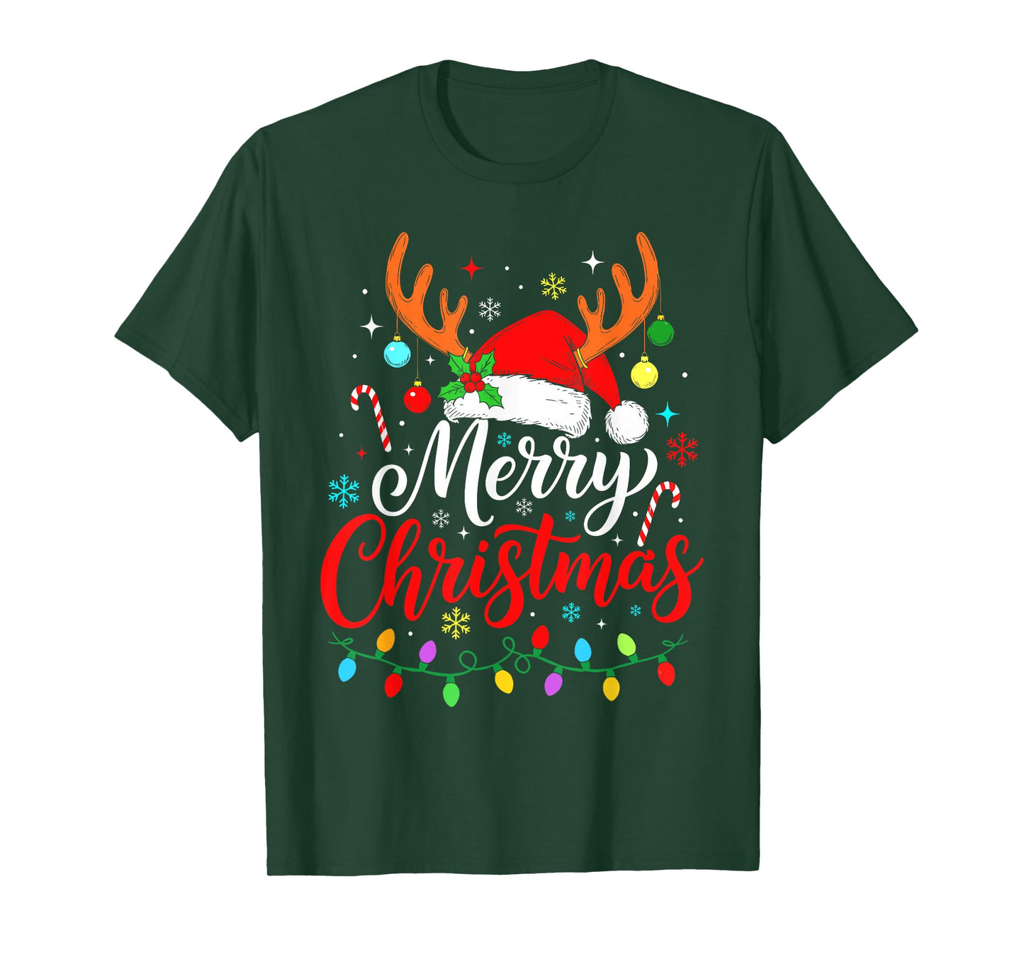 Merry Christmas Reindeer Santa Hat Holiday Matching Family T-Shirt