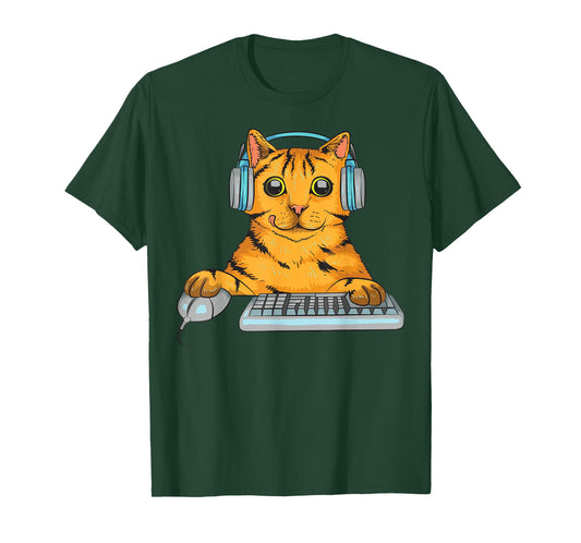 Cute Cat Gamer Gift | Funny Kitten Computer Game Playing T-Shirt
