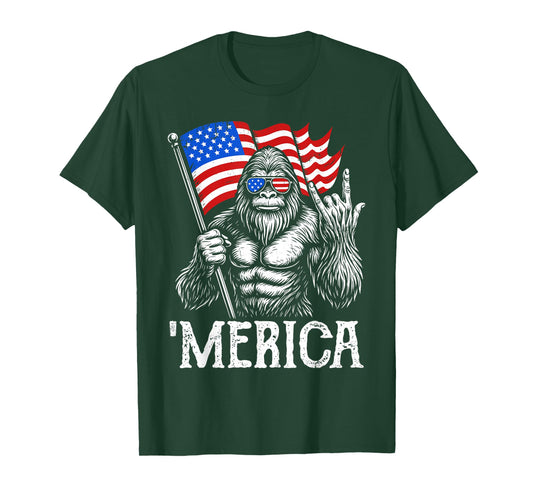 Bigfoot Merica Rock American Flag Patriotic 4th of July T-Shirt