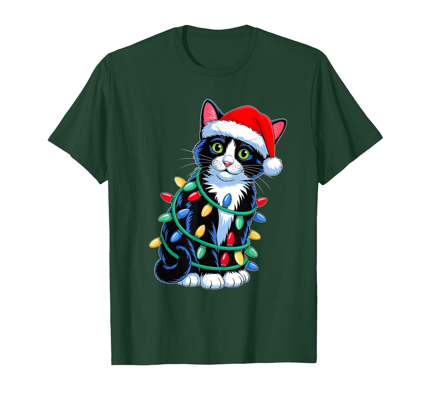 Black Cat Christmas Lights Santa Hat Xmas Family Men Women T-Shirt