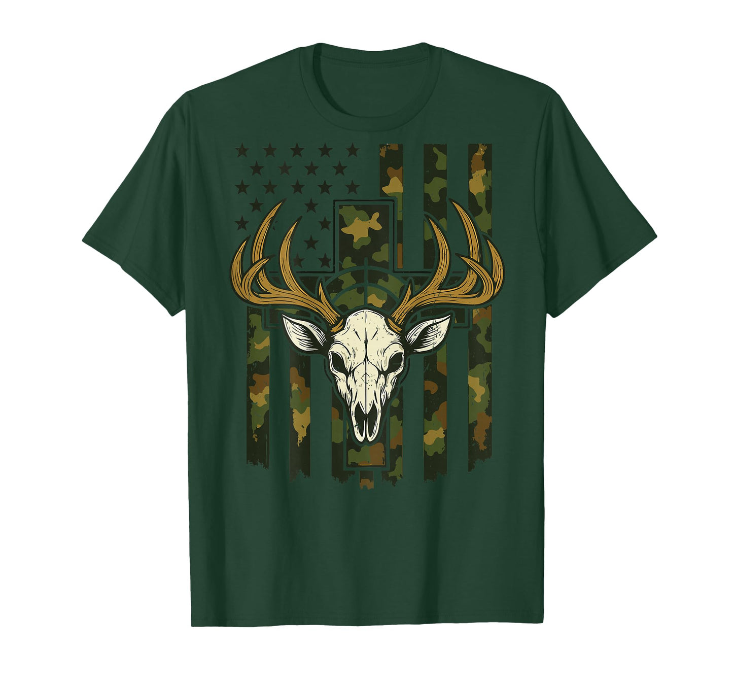 Camo Deer Hunting Elk Skull American Flag Christian Cross T-Shirt