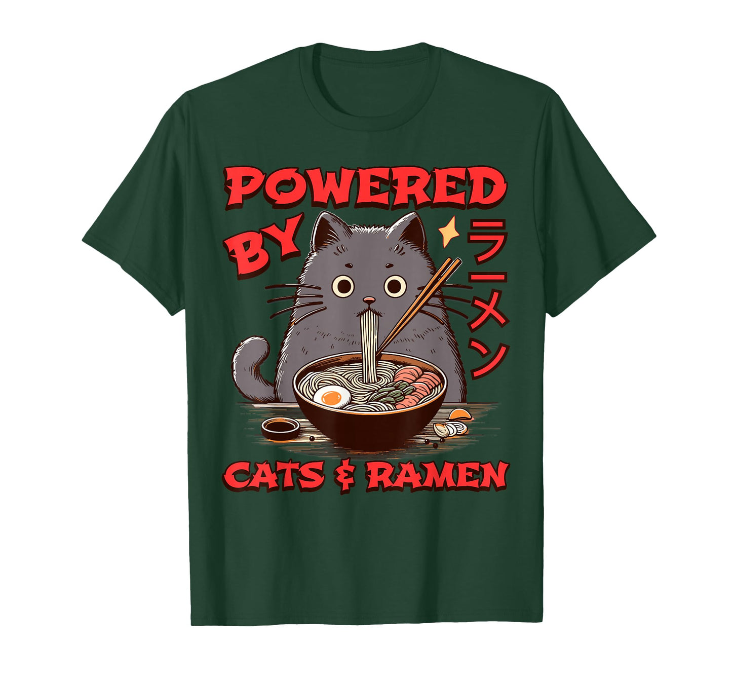 Powered by Cats and Ramen Funny Cat & Kittens Japanese Food T-Shirt