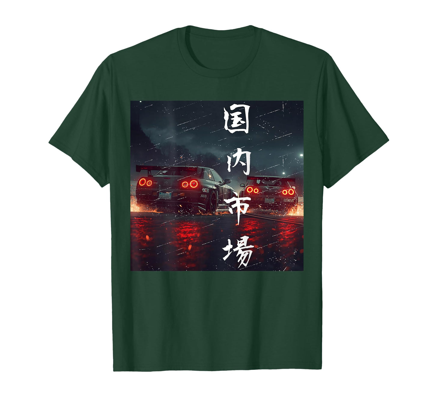Backprint JDM Drift Race Cars Racing Rainy Night Scene Art T-Shirt