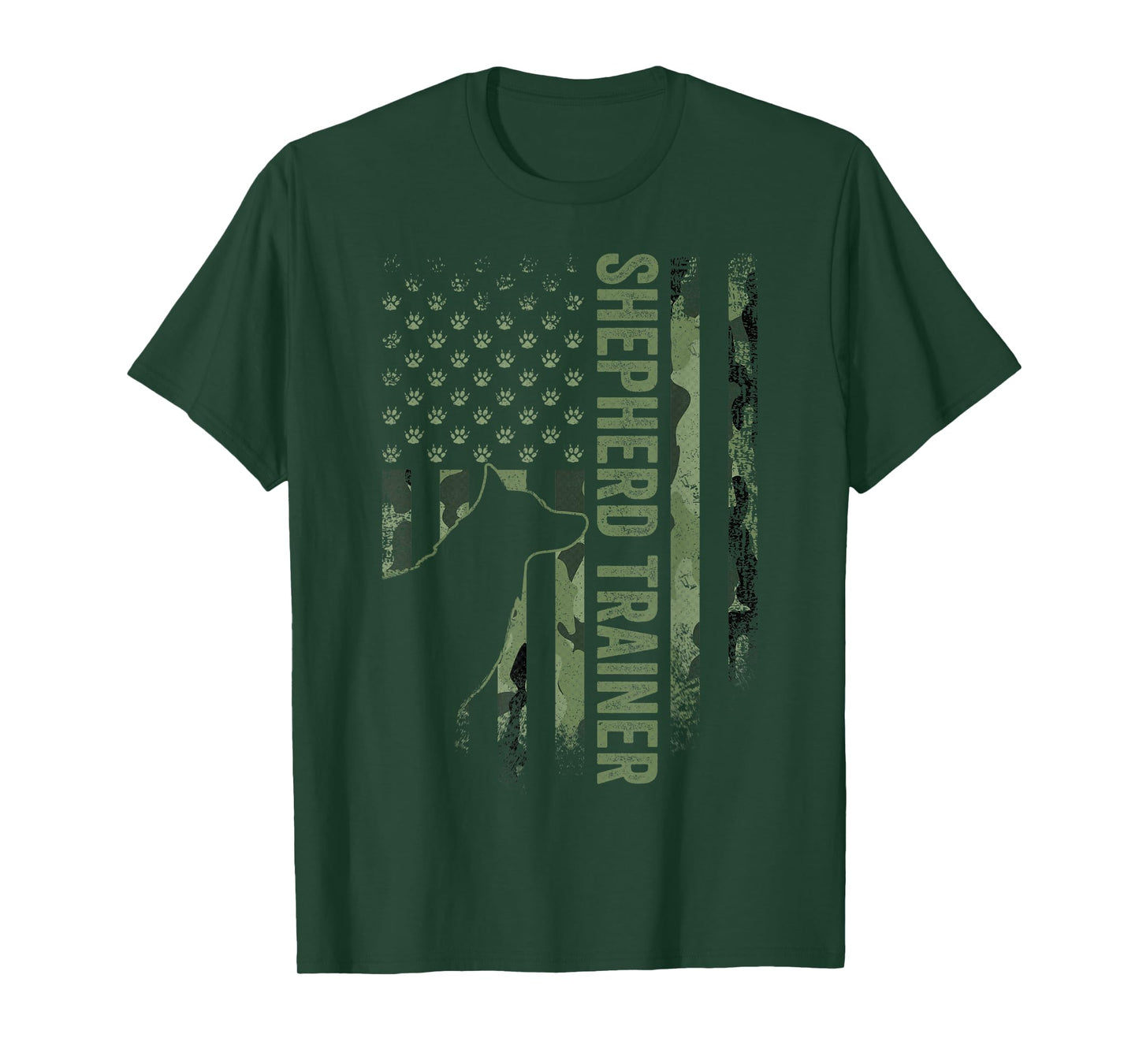 Vintage Camouflage USA Flag Shepherd Dog Trainer Silhouette T-Shirt
