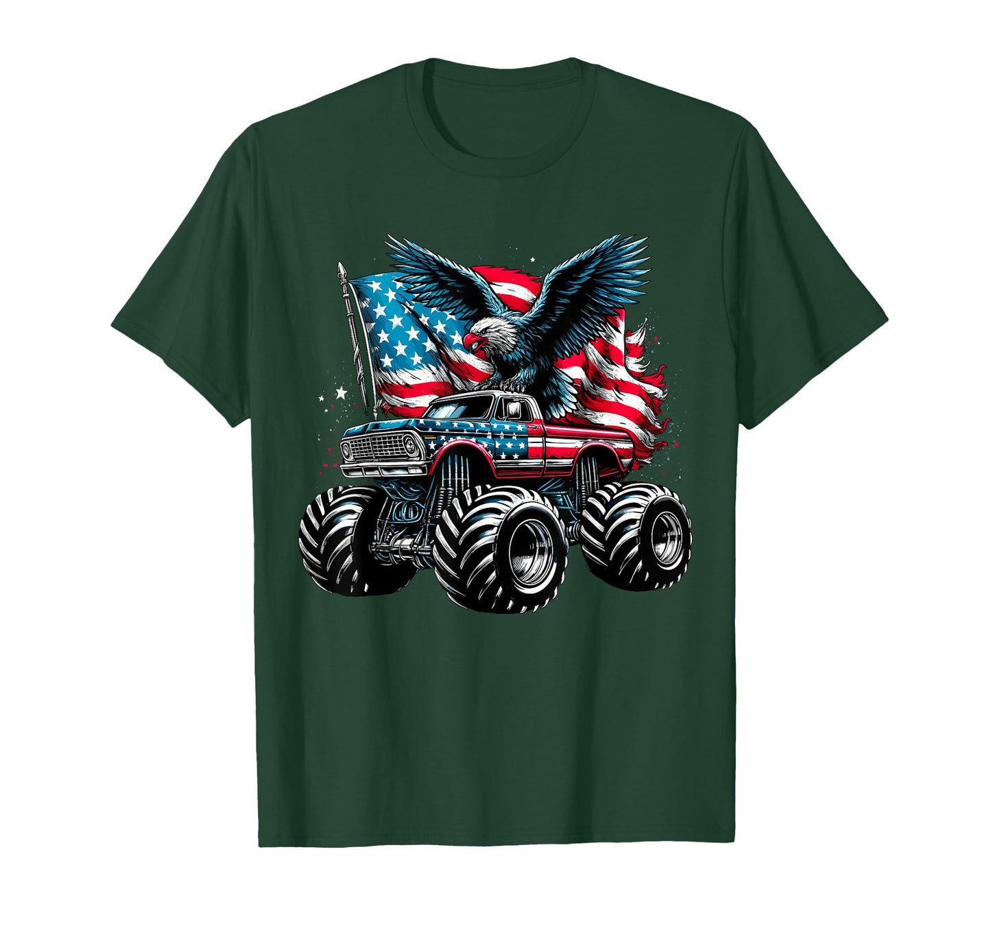 Monster Truck Bald Eagle 4th of July Boys American Flag T-Shirt