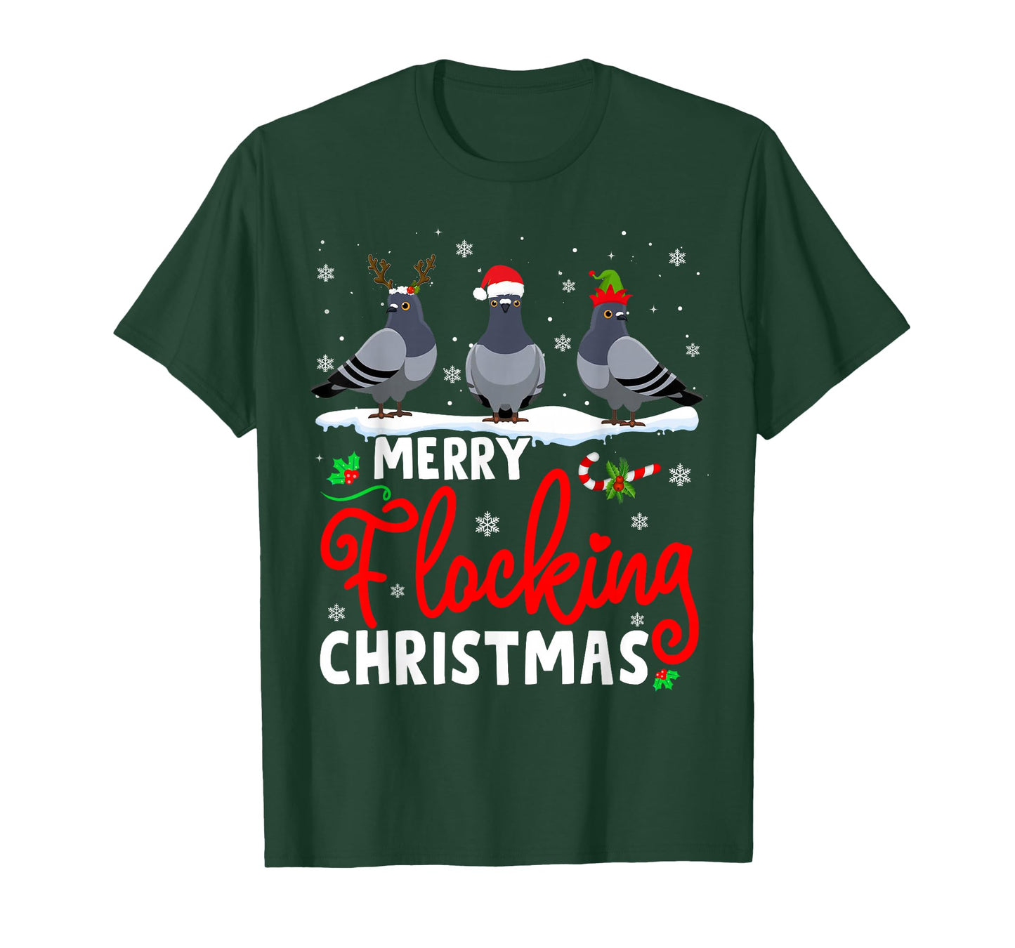 Merry Flocking Christmas Reindeer Santa ELF Pigeon Xmas T-Shirt