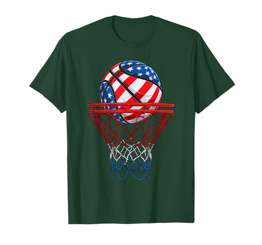 Basketball American Patriotic 4th of July US Flag Men Boys T-Shirt