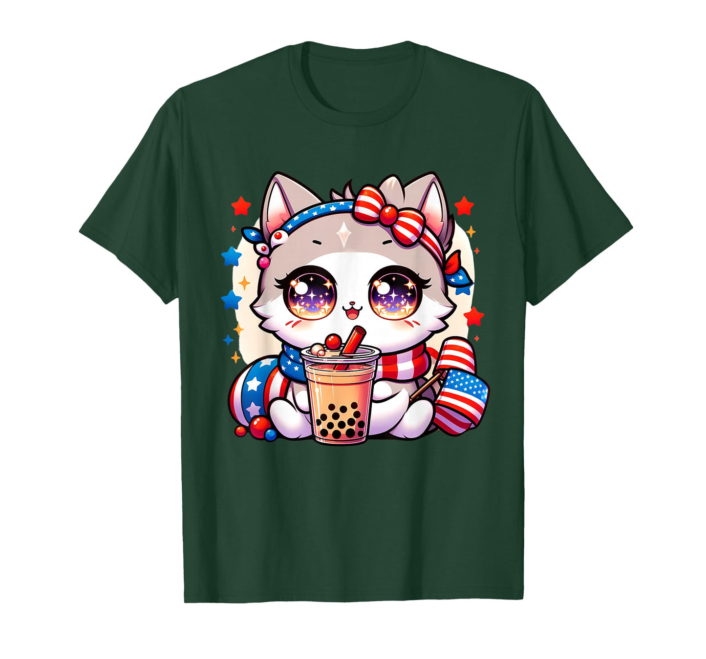 Cute 4th of July Cat Shirt Girls Kawaii Anime Boba Tea USA T-Shirt