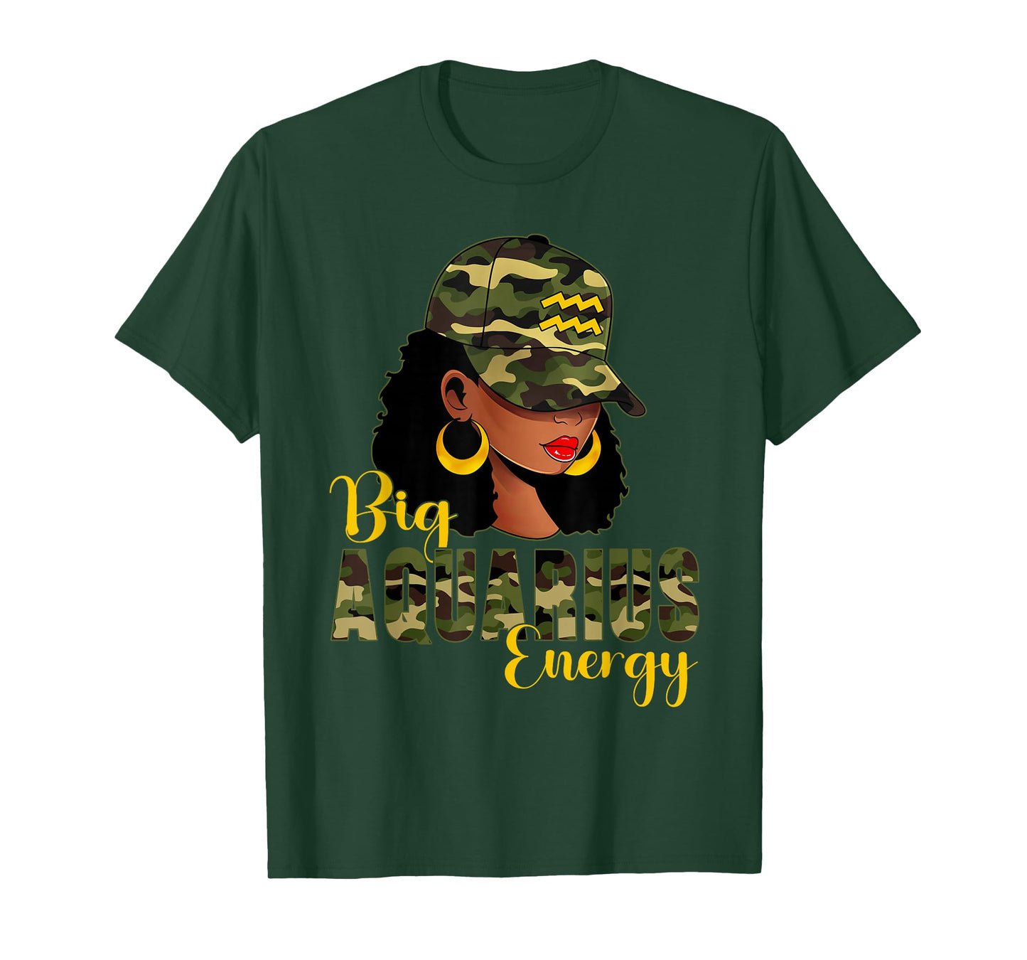 Big Aquarius Energy Camouflage Black Woman Cap Zodiac T-Shirt