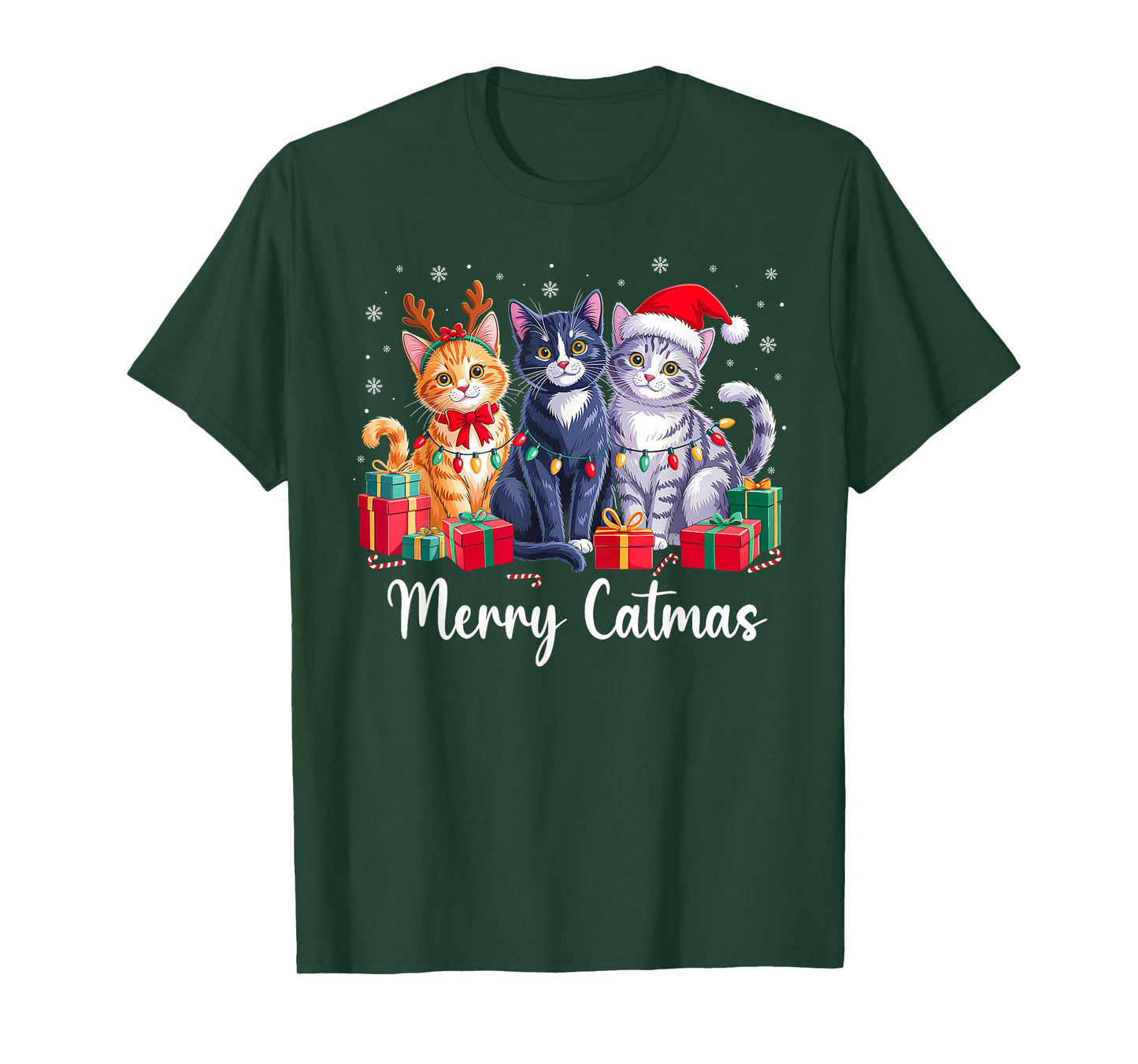 Merry Catmas Cat Christmas Light Reindeer Santa Cat Lover T-Shirt