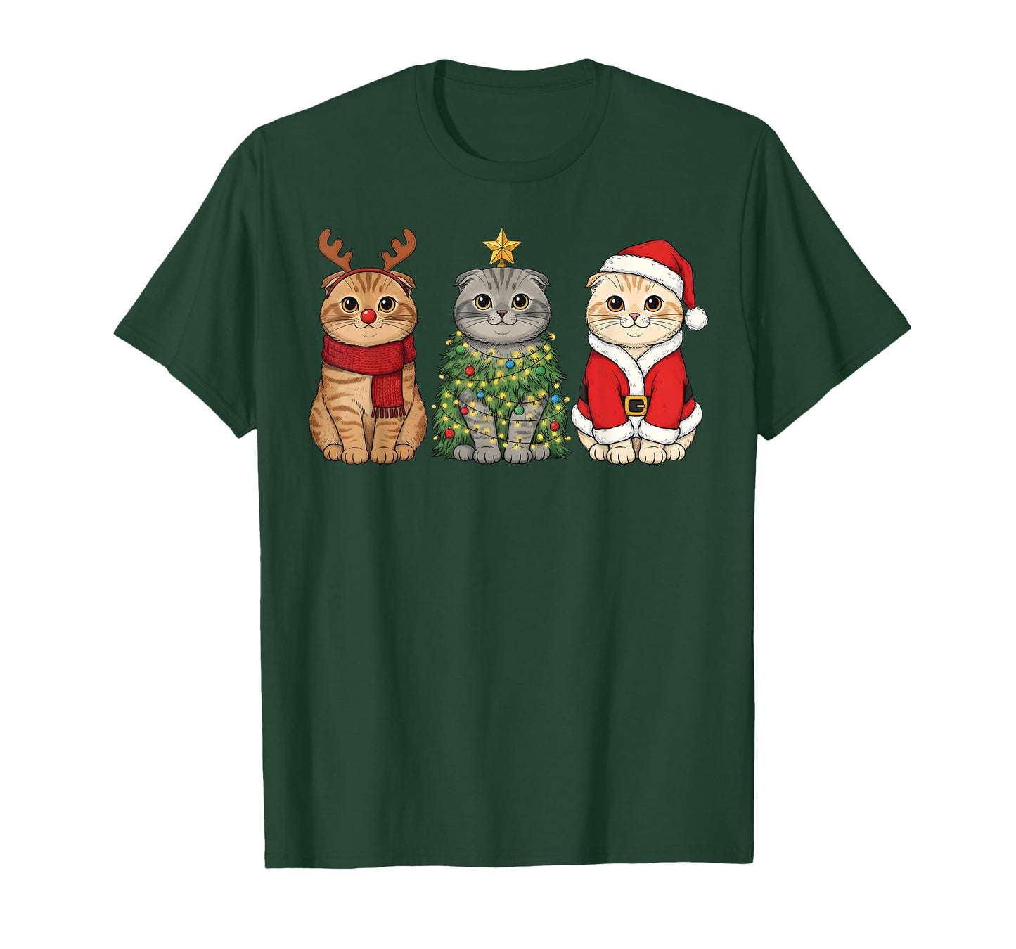Retro Christmas Scottish Fold Cat Santa Reindeer T-Shirt