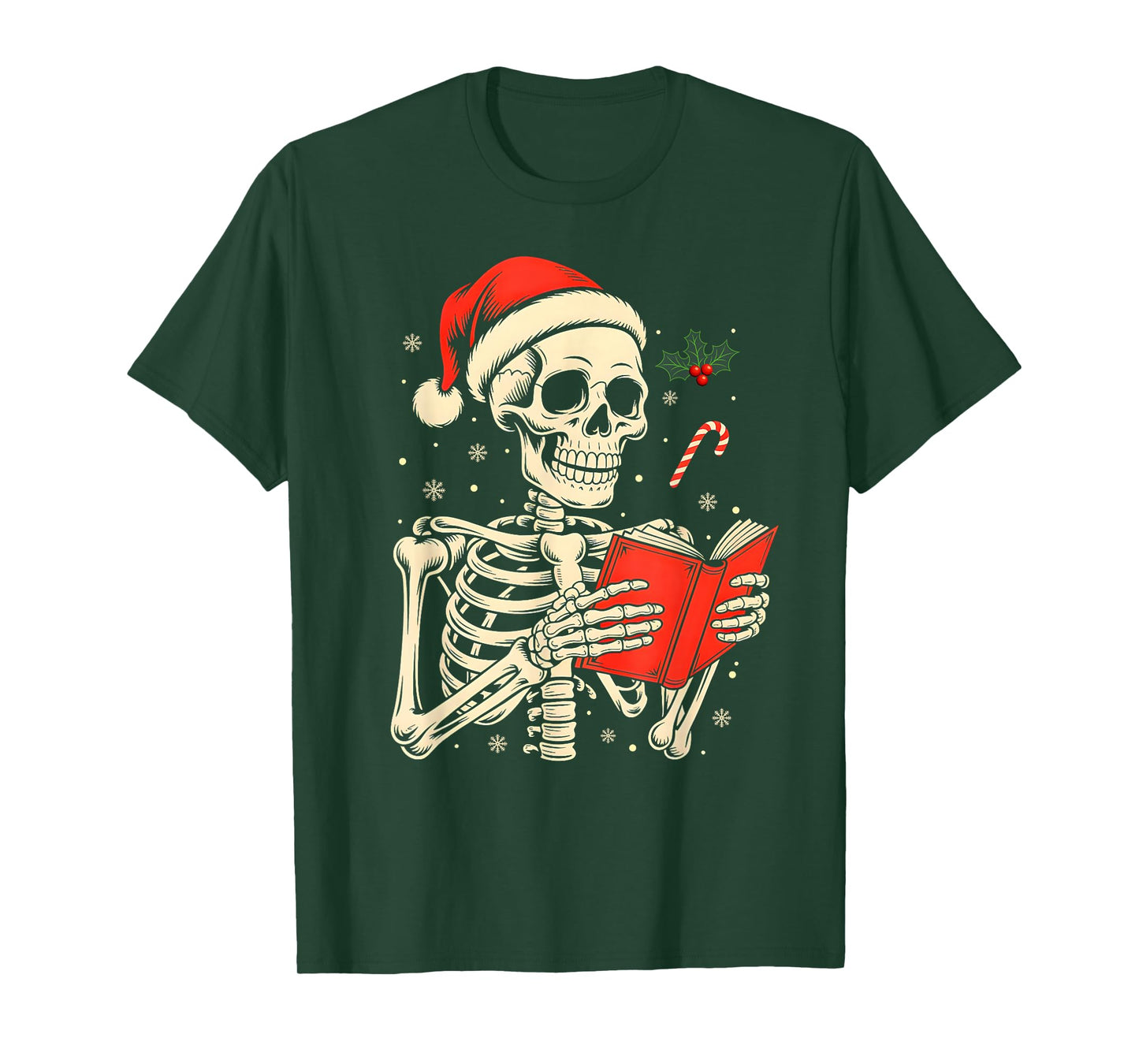 Skeleton Reading Book Christmas Teacher Librarian Book Lover T-Shirt