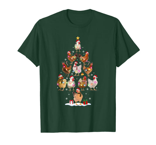 Chicken Christmas Tree Lights Santa Hat Funny Xmas Pajamas T-Shirt
