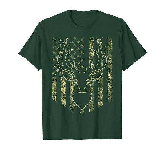 Camouflage USA Flag Deer Hunting Camo Whitetail Buck Head T-Shirt