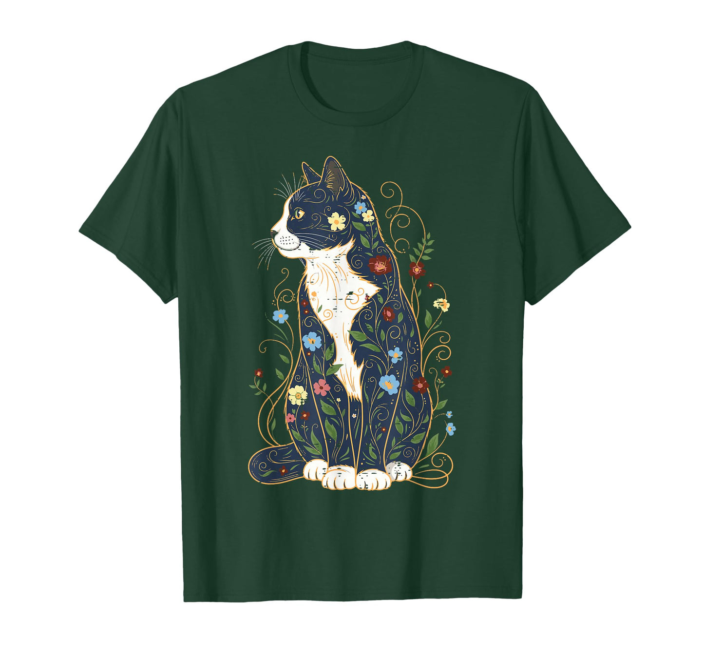 Cat Sitting Ornamental Flowers Kitten Floral Women Girls Kid T-Shirt