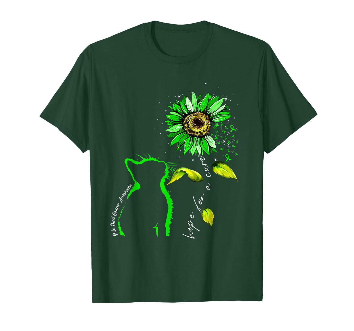 Sunflower Cat Green Bile Duct Cancer Awareness T-Shirt