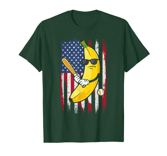 Banana Baseball Player on American Flag for Sports Fans T-Shirt